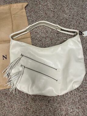 Disonna White Leather Shoulder Bag with Tassel fringe Zipper pockets